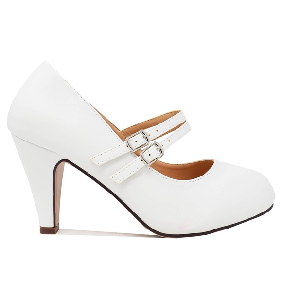 Chase + Chloe Shoes - Women's White PU Double Mary Jane Retro Pump Chase + Chloe Shoes - Women's White PU Double Mary Jane Retro Pump